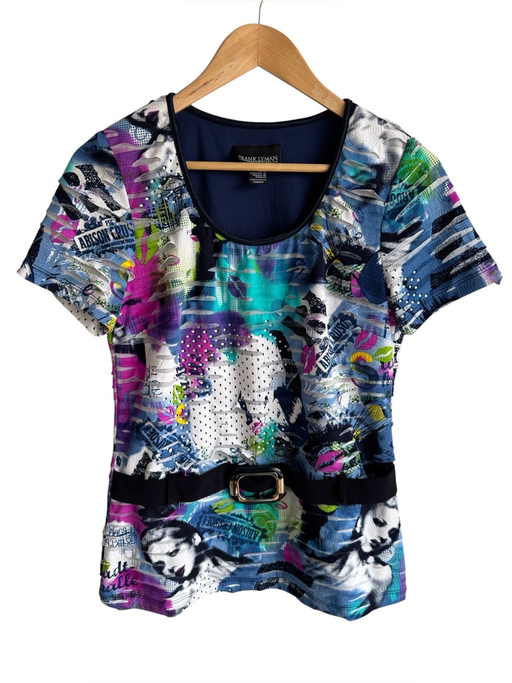 Frank Lyman Graphic Abstract Artsy Top Sz 10 Colourful Tee Short Sleeve T-Shirt